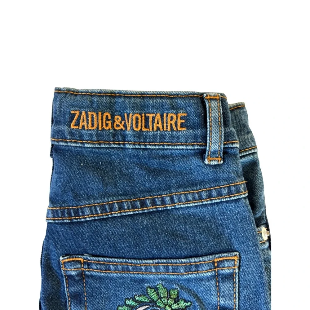 Zadig‎ & Voltaire Maggie Jeans Blue Kids Size 8 Embroidered Skull Raw Hem